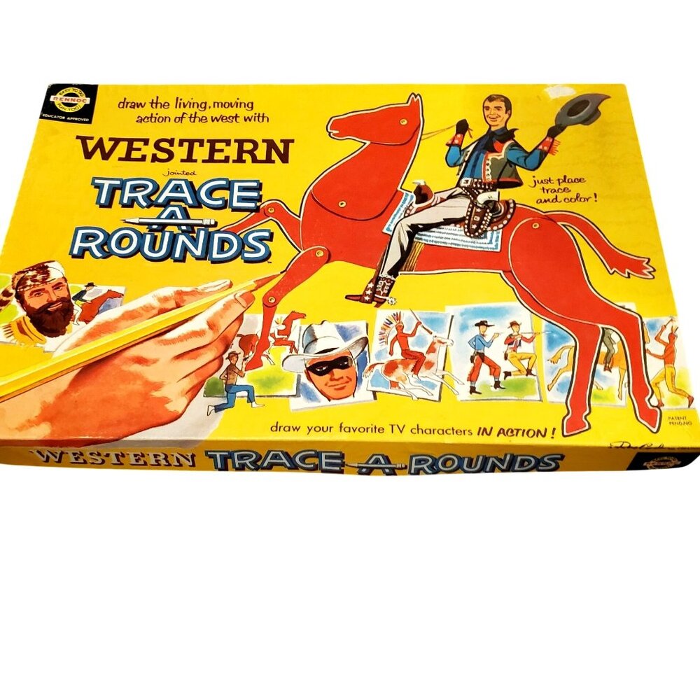 Vintage Children Hobby Drawing Kit Western Jointed Trace A Rounds Cowboys 1959